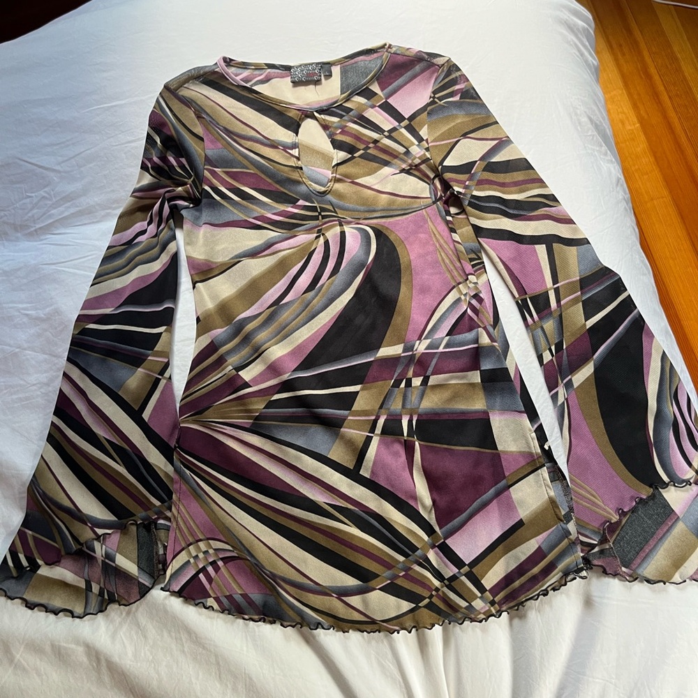 Early 00’s funky bell sleeve semi sheer blouse w/ key whole front